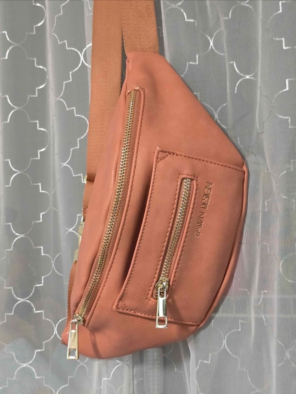 FAWN DESIGN Rust/Tan PREMIUM FAUX Leather Crossbody Belt Bag with Gold Zippers